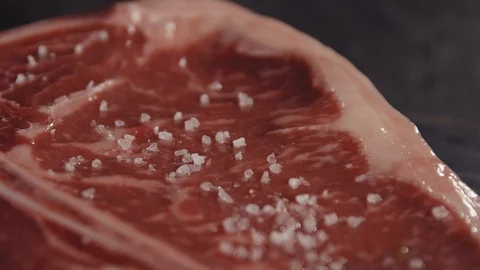 T-bone steak sprinkled with salt Stock Footage 113081533