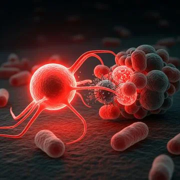 T-cell T-cell attacking pathogen, microscopic glowing neon red, 8K Stock Illustration