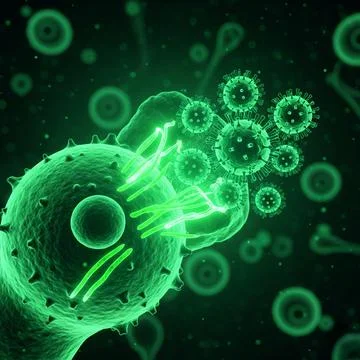 T-cell T-cell interacting with virus particle, glowing neon green, 8K Stock Illustration