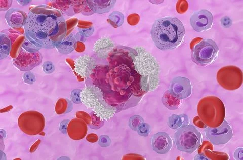 T-cells attack acute lymphoblastic leukemia (ALL) cancer cells in the blood flow 스톡 일러스트
