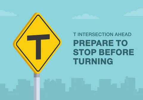 "T intersection ahead, prepare to stop before turning" road sign. Close-up view. Stock Illustration