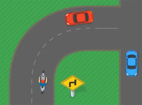 "T-intersection in curve" road sign area. Moto rider is approaching intersection Stock Illustration