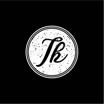 T K Initial Handwriting In Black and White Circle Frame Design Stock Illustration