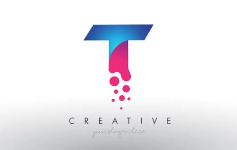 T Letter Design with Creative Dots Bubble Circles and Blue Pink Colors Stock Illustration