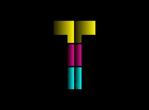 T letter font, vector logo made of Cmyk color. Dynamic split blue, pink, yell Illustrazione stock