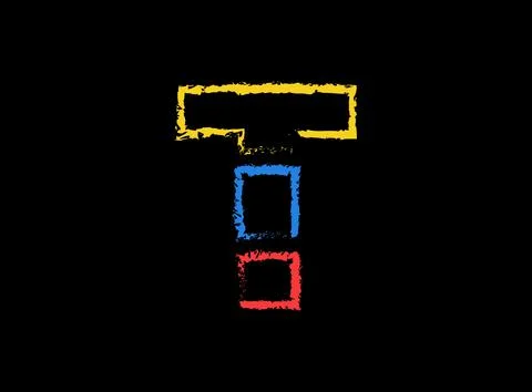 T letter hand write vector desing, brush font logo. Blue, red, yellow color o Stock Illustration