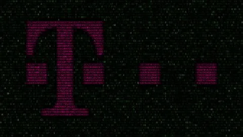 T-Mobile logo made of hexadecimal symbols on computer screen. Editorial 3D 스톡 일러스트