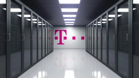 T-Mobile logo on the wall of the server room. Editorial 3D rendering Stock Illustration