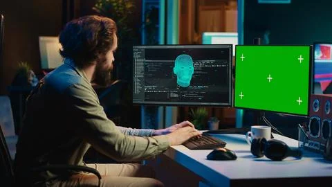T professional speaking with artificial intelligence on chroma key PC Stock Photos