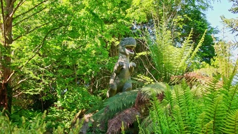 T-Rex dinosaur statue in lush prehistoric park, France. Low-angle pov Stock Footage 313983400