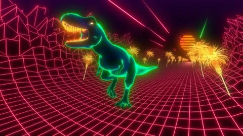 T-Rex dinosaur walks through a neon jungle. 80s retro style wallpaper background Stock Illustration