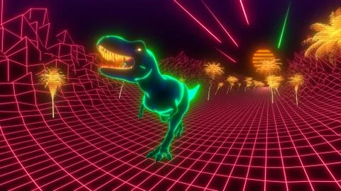 T-Rex dinosaur walks through a neon jungle. 80s retro style wallpaper background Stock Illustration