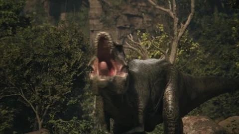 T-Rex mid-roar in a vibrant and misty jungle Stock Footage 295163242