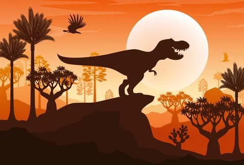 T rex silhouette on mountain sunset landscape Stock Illustration
