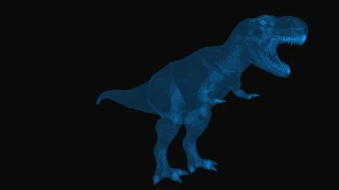 T-Rex wireframe with thin blue lines. Dinosaur skeleton on black background.  Stock Footage 141986922