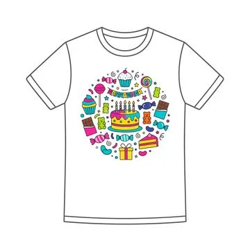 T shirt design featuring a circular arrangement of birthday treats, t shirt Stock Illustration