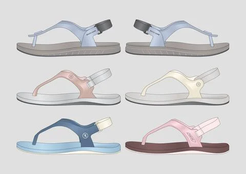 T-Strap Flip Flop Sandals Featuring Sculpted Arch, Hook and Loop Heel Strap Stock Illustration
