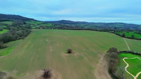 T Tranquility: Aerial Panorama of a Tree Amidst Farmland and Water Under Cl.. Stock Footage 269852454