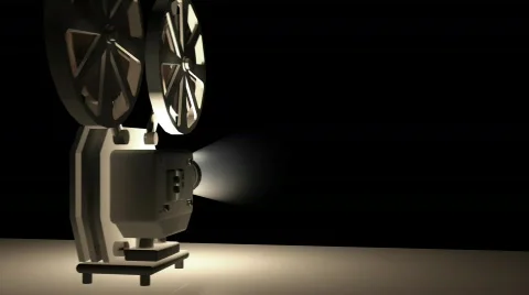 8mm Movie Projector Playing At Theater. White Reel Or Can With