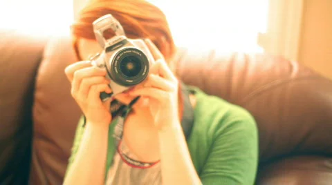 T191 beautiful redhead photographer woman photograph Stock Footage