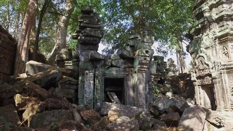 Ta Prohm Temple Interior Structure And Trees Stock Footage 73288125