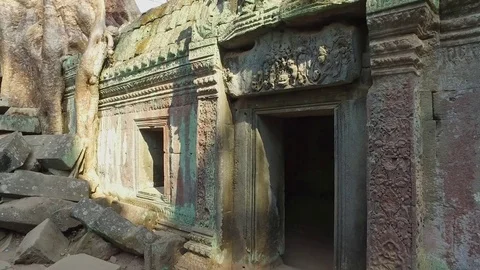 Ta Prohm Temple Structure And Tree Roots Stock Footage 73242619