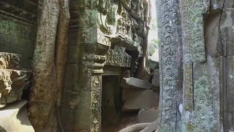 Ta Prohm Temple Structure And Tree Roots Stock Footage 73243653