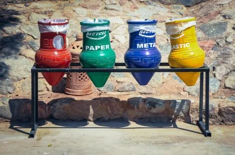 Taba, Egypt - August 9, 2011: Waste sorting bins in Taba town Stock Photos