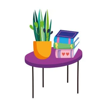 Tabe with stack of books and potted plant decoration Stock Illustration