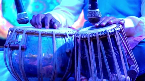 Tabla playing performance under decorating lighting at night Stock Footage 139197727