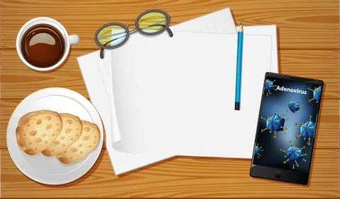 Table aerial view with mobile screen mockups Stock Illustration