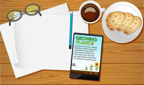 Table aerial view with mobile screen mockups Stock Illustration