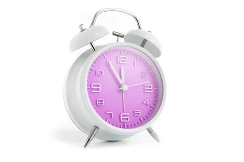 Table alarm clock with time 5 to 12 with pink clock face, 11.55 AM PM, on whi Stock-Fotos