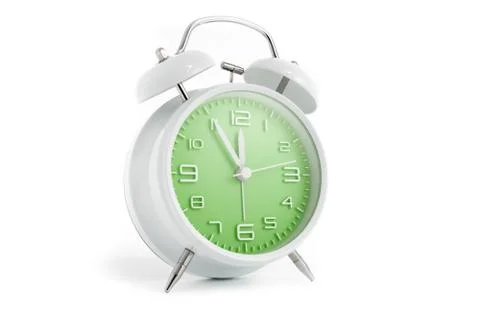 Table alarm clock with time 5 to 12 with green clock face, 11.55 AM PM, on wh Stock Photos