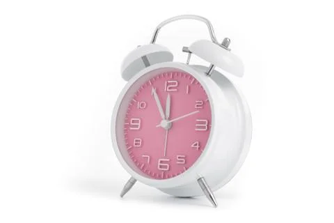 Table alarm clock with time 5 to 12 with pink clock face, 11.55 AM PM, on whi Stock Photos