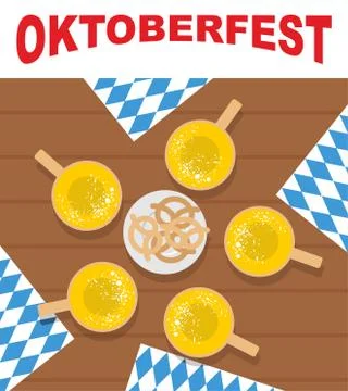 Table and beer mugs. View top. Plate with pretzels, snacks for beer. Oktoberf Stock Illustration