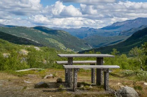 Table and bench at mountain viewpoint, Norway Stock Photos