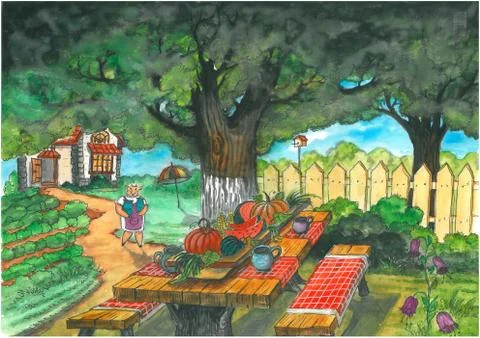 Table and benches. Stock Illustration