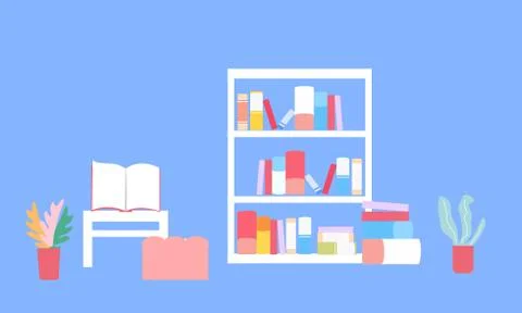 Table and bookcase on a blue background, vector graphics Stock Illustration