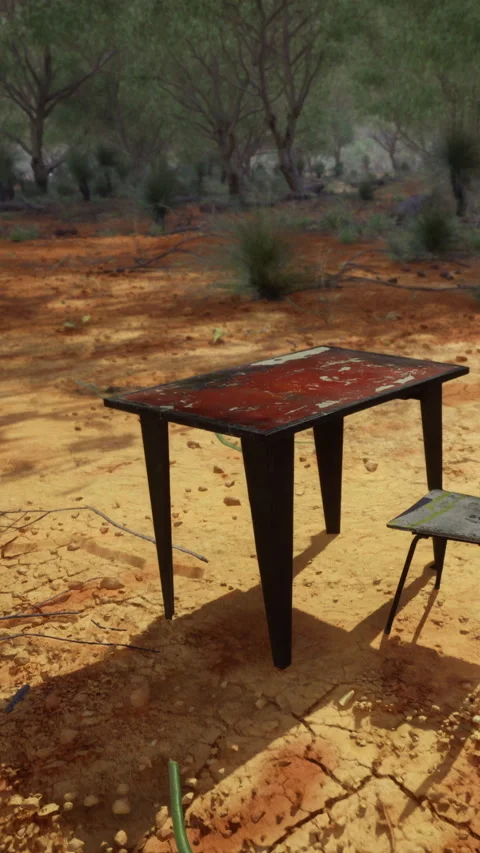Table and chair in a dry landscape during daylight hours 動画素材 333564516