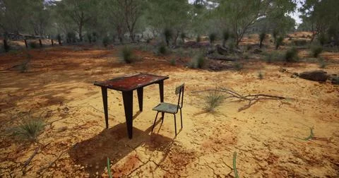 Table and chair sit alone in a dry, remote landscape under clear skies Illustrazione stock
