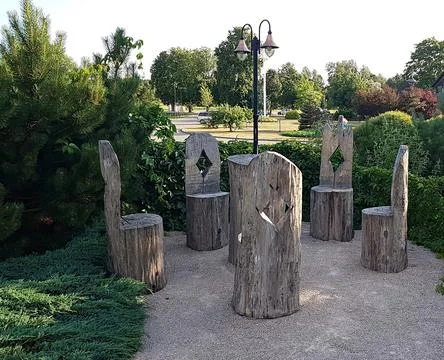 Table and chairs made of a thick tree trunk are installed in the park for p.. Stock Photos