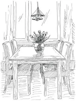 Table and chairs. On the table vase of flowers. Vector illustration. Stock Illustration