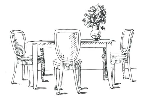 Table and chairs. On the table vase of flowers. Vector illustration. Stock Illustration