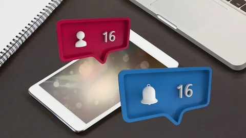 Table and message bubble with profile and notification icons for social media Stock Footage 112027621