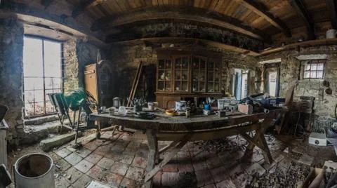 Table and objects in house on lake panorama view Stock Photos