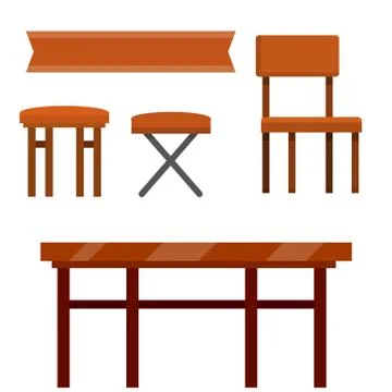 Table and set of chairs. Kitchen furniture and tablecloths. Illustrazione stock
