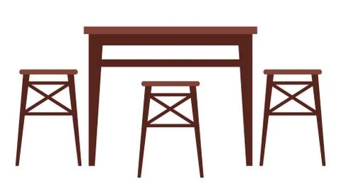 Table and stools, indoor or outdoor furniture. Dining room furnishings on white Illustrazione stock