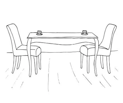 A table and two chairs. On the table are two cups. Vector illustration. 스톡 일러스트