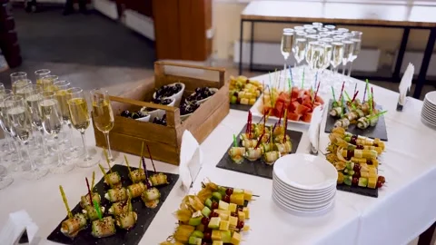 Table with appetizers and champagne. Video stock 139391829